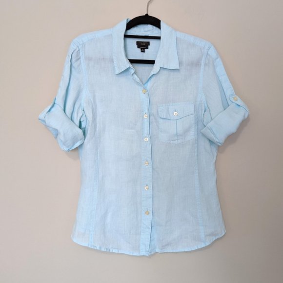 Talbots Tops - Talbots 100% Linen Button Down Roll Tab Sleeve Shirt
